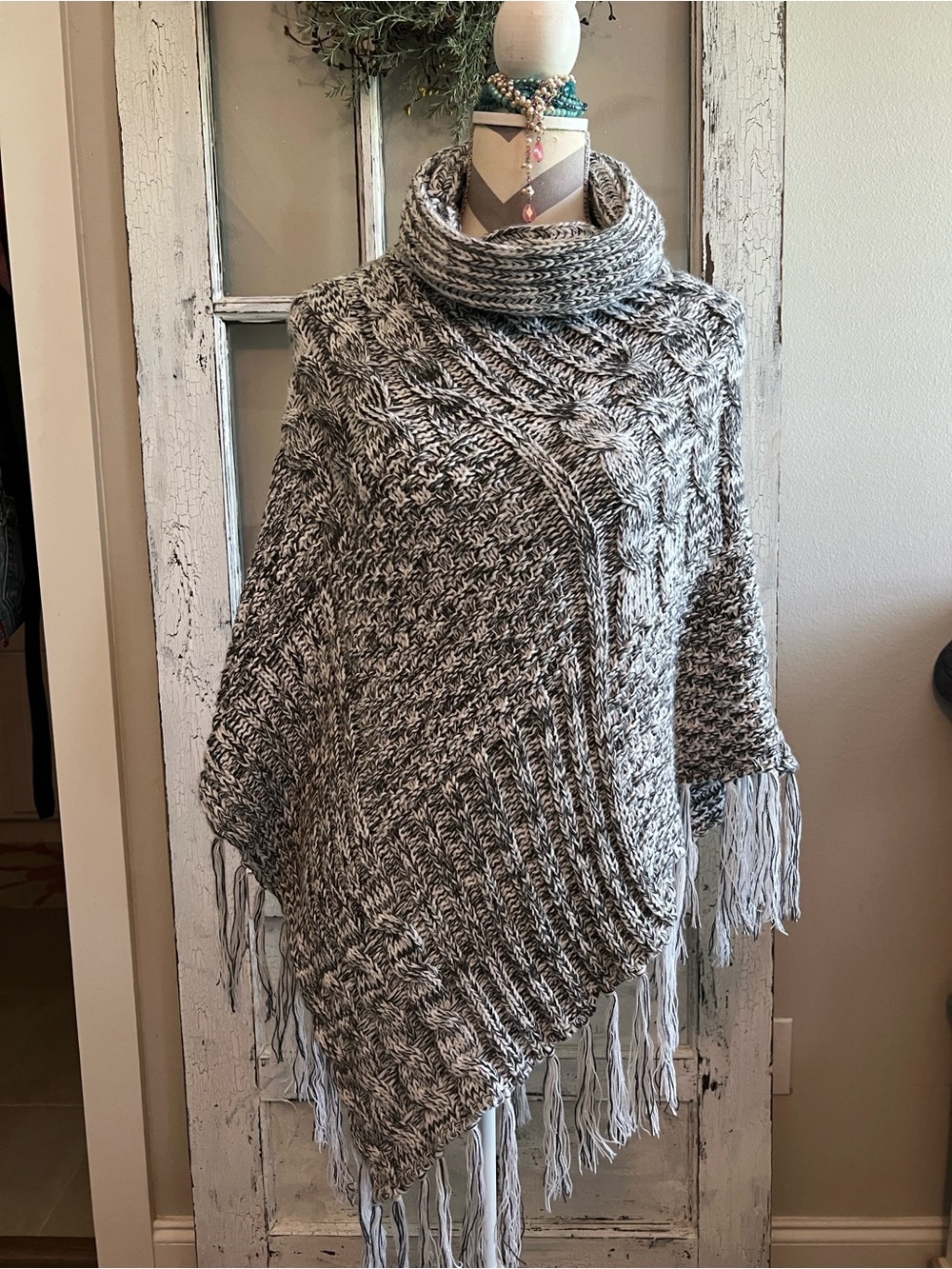 Cato Marled Gray Cable-Knit Turtleneck Poncho with Fringe